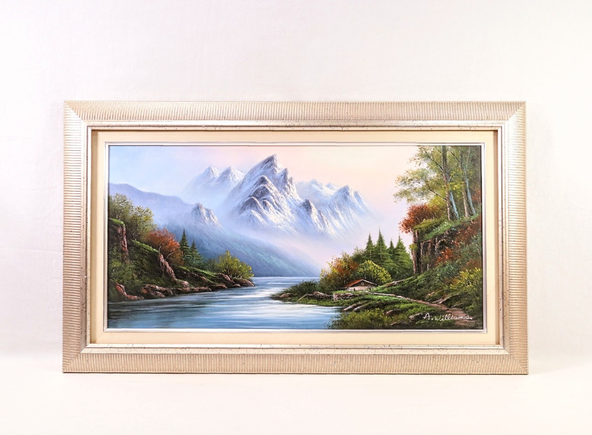 Authentic Andy Williams Large oil painting Mountain Landscape Dimensions 80cm x 40cm Korean artist Kim Tae Bok Majestic wide panoramic Alps scene 8132, painting, oil painting, Nature, Landscape painting
