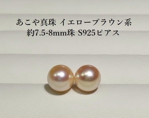 ◆照り艶強く美しい珠です あこや アコヤ 本真珠 イエローブラウン系 約7.5-8mm珠 シルバー925 SILVER925 ピアス YH-77