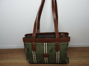 ★☆【送料無料】 Burberry　 バーバリー ショルダー トート バッグ ノバチェック ロゴ カーキ ブラウン　PVCキャンバス　レザー　☆★