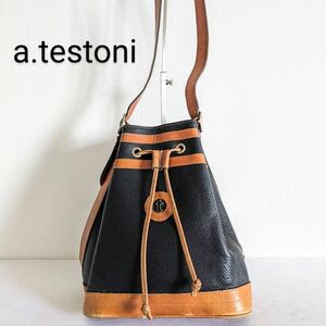 a.testoniアテストーニ　巾着ショルダーバッグ　バケツ　レザー　ブラック　斜め掛け