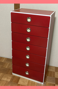  Showa Retro pop red 7 step chest chest chest of drawers storage furniture width 58cm× height 115cm / Sapporo 