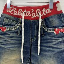 ◯ LOLITA JEANS ロリータ ジーンズ デニム ジーンズ パンツ ミニー リボン レディース ブルー XSサイズ ロゴ 刺繍 ディズニー ワッペン _画像3