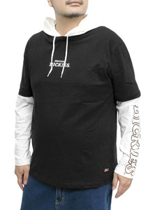 【新品】 3L ブラック [GENUINE Dickies] パーカー Tシャツ メンズ 大きいサイズ フェイクレイヤード ロゴ プリント カットソー