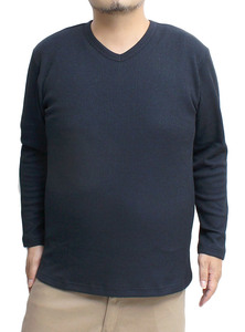 【新品】 3L ネイビー 長袖 Tシャツ メンズ 大きいサイズ 裏起毛 ヘンリーネック Vネック フェイクレイヤード 杢調 キーネック カットソー