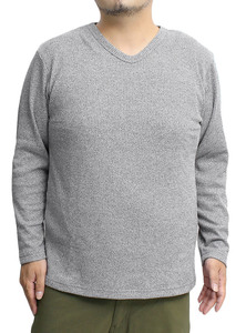 【新品】 5L グレー 長袖 Tシャツ メンズ 大きいサイズ 裏起毛 ヘンリーネック Vネック フェイクレイヤード 杢調 キーネック カットソー