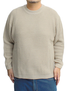 【新品】 3L ベージュ ニット メンズ 大きいサイズ ワッフル編み サーマル 無地 クルーネック ニットソー セーター