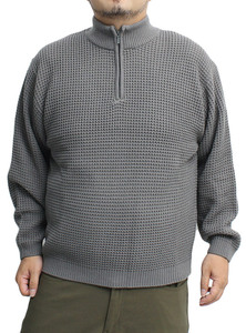 【新品】 4L グレー ハーフジップ ニット メンズ 大きいサイズ ワッフル編み サーマル 無地 ハイネック ニットソー セーター