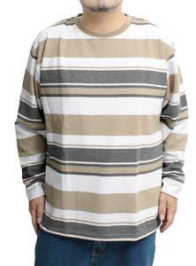 【新品】 4L ベージュ 長袖 Tシャツ メンズ 大きいサイズ パネル ボーダー クルーネック カットソー