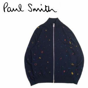 特大XL 極美品 少し訳有 豪華刺繍 Paul Smith 少し薄手 蓄熱保温 総柄 ウール ニット ジャケット セーター メンズ ポールスミス 紺 231184