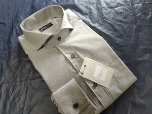 L寸・新品／日本製・ホリゾンタルカラーシャツ●グレー色ピンストライプ