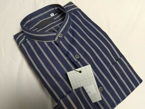 L寸・新品／日本製・スタンドカラーシャツ■ネイビー色ロンドンストライプ