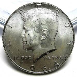 アメリカ 1/2ドル銀貨(ケネディ50セント銀貨) 1964年 30.60mm 12.31g KM#202 / 裏面に若干の硫化色