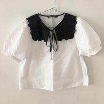 美品★ ZARA 半袖　トップス　ブラウス　襟付き　パフスリーブ　M 白　黒　ホワイト　ブラック　モノトーン_画像1