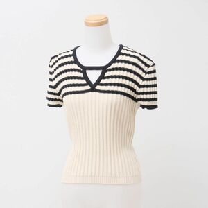 TG0124＝イタリア製*ソニアリキエル SONIA RYKIEL*コットン100％*リブニット*リボン*プルオーバー*半袖カットソー*サイズ38*モノトーン系