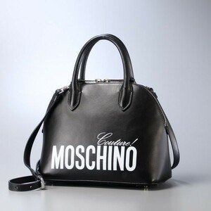 GO6950▼イタリア製▼モスキーノ クチュール MOSCHINO COUTURE*ロゴプリント レザー ハンドバッグ ショルダー付き 2way 鞄*ブラック