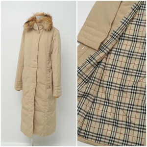 ME9690□BURBERRY LONDON/バーバリーロンドン*ラクーンファー襟:着脱可*裏地:ノバチェック柄*ダウンコート/ロングコート*ベージュ*size40