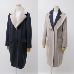 TG1315◆イタリア製*スプレーマ*SUPREMA*カシミヤ×ウール*ロングコート*リバーシブル仕様*着脱可衿付き*42*ライトグレー/ネイビー