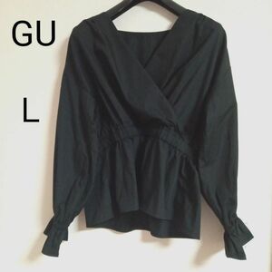 GU 黒シャツ長袖　オフィスVネック ボリューム袖カシュクール　　