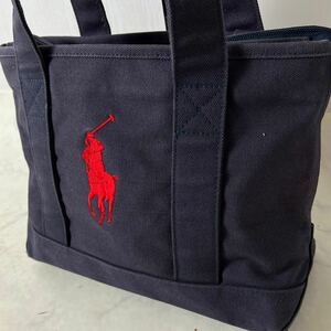 ポロラルフローレン キャンバストートバッグ 総柄 刺繍ロゴ ビッグポニー A4対応 大容量 ネイビー 紺色 POLO RALPH LAUREN 231127