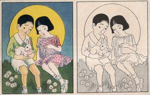 Art hand Auction 동요 카드 (9) The Moon, 옮긴이: 사이조 야소, 소년 소녀 토끼 그림, 색칠 놀이 책, 엽서 크기, 고대 미술, 수집, 잡화, 엽서