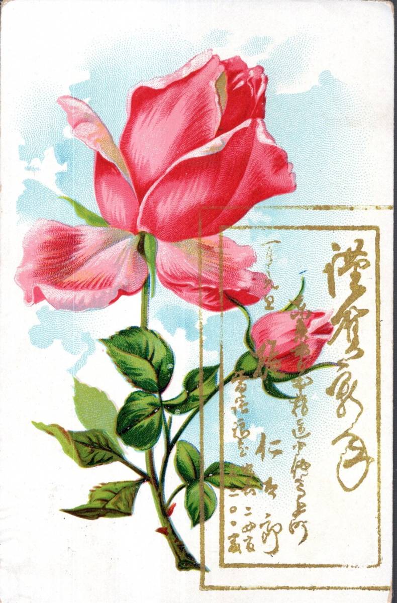 Postcard New Year's card Tokyo Kaji Jintaro to Rikuchu Hanamaki person Entire mail Rose painting illustration, antique, collection, miscellaneous goods, Postcard
