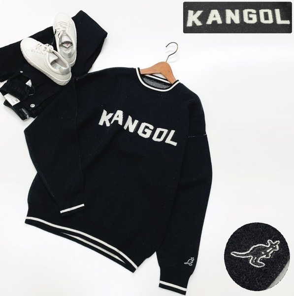 未使用品 KANGOL ブラック フロントロゴ長袖ニット セーター メンズ レディース リブ ライン カジュアル 黒 ワンポイント 刺繍 カンゴール