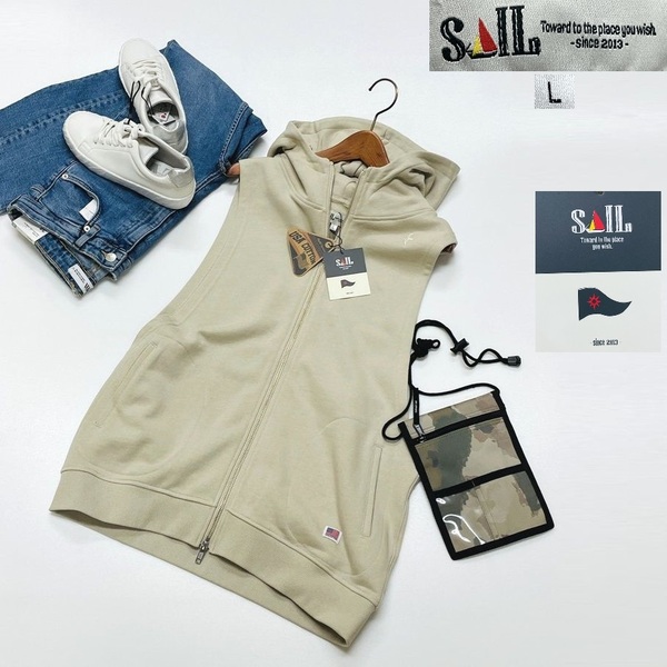 /L/ SAIL ベージュ パーカーベスト レディース メンズ ロングダブルジップ ゆったり カジュアル ツバメ刺繍 ポケット タグ セイル