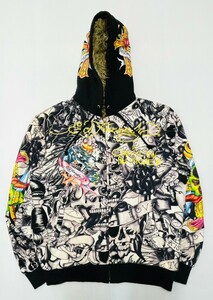 衝撃プライス！『ファン待望モデル！』【Ed Hardy エドハーディー】内ボア オリジナルデザイン フード付きジップパーカー！【L/総柄】N66