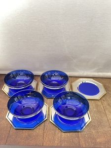 ● コレクター必見 未使用 LANCEL ランセル ボウル コースター付き ガラス製 お皿 食器 ブルー 青 洋食器 元箱 Kt40