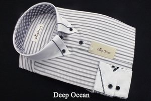 71【DeepOcean】ボタンダウン・綿高率混形態安定長袖シャツ/細身体/ホワイト地にグレー系縞/41-84