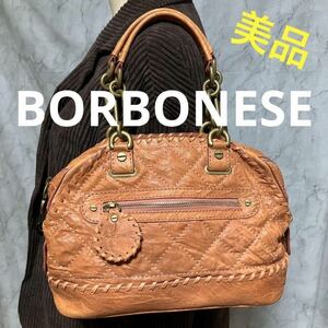 【ws2090】極美品 BORBONESE ボルボネーゼ チェーン ハンドバッグ 本革 レザー ダイヤステッチ ナチュラルxピンク