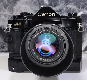 【終活整理】 Canon A-1+NEW FD 50mm f1.4 大口径単焦点レンズ＋純正ワインダー 各動作良好 露出計OK 液晶表示良好 光学美品 持病鳴き無し