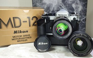 【終活整理】 Nikon FE2＋Ai NIKKOR 50mm f1.4＋36-72mmズーム＋モータードライブMD-12 元箱付シリアル一致 各動作良好 露出計OK 連写OK