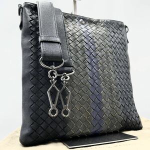 1円■極美品/超絶希少デザイン■ BOTTEGA ボッテガ メンズ イントレチャート 2way ショルダーバッグ サコッシュ 斜め掛け◎ レザー 黒 袋