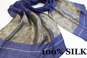 新品【SILK シルク100%】華 ペイズリー柄 スカーフ/ストール ネイビー系 ゴールド ホワイト