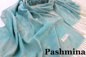 新品【Pashmina パシュミナ】フラワー 華 ペイズリー柄 大判 ストール 春色 エメラルドグリーン系 ベージュ Cashmere カシミア100%