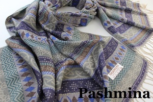 新品【Pashmina パシュミナ】フェアアイル柄 ボーダー 大判 ストール ネイビー系 チャコールグレー Cashmere カシミア100%