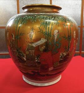 九谷焼 龍山 金彩色絵青粒山水風景人物図花瓶 飾壺 壷 細密絵付 花器 花入 骨董品 古美術品 在銘 直径31cm