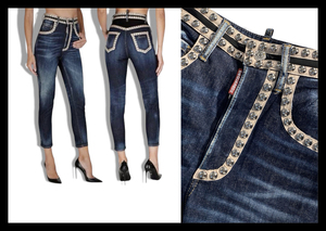 定価11.8万ディースクエアード DSQUARED2 ラウンドスタッズが大人可愛い美脚デニムパンツ ジーンズ High Waist Croppde Twiggy JEAN 伊製38