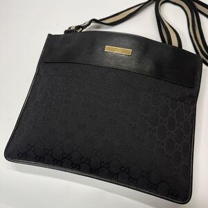 １円【極美品】GUCCI グッチ ショルダーバッグ サコッシュ GGキャンバス レザー 革 メッセンジャー ブラック 黒 メンズ ユニセックス