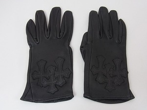 正規品 訳あり品 CHROME HEARTS クロムハーツ クロスパッチ レザーグローブ ブラック サイズ7＆7 1/2 左右サイズ違い