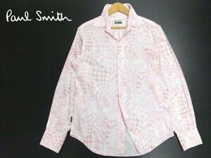 ■Paul Smith■長袖シャツ 白×ピンク 総柄 Mサイズ ドレスシャツ ワイシャツ ポールスミス