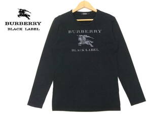 ■BURBERRY BLACK LABEL■長袖カットソー 黒 デカロゴプリント ストレッチ Tシャツ バーバリーブラックレーベル