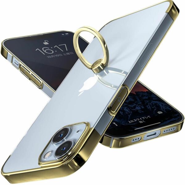 iPhone 14 ケース リング付き スタンド機能 メッキ加工 透明 落下防止 スマホリング スタンド ゴールド 高級感