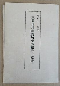 ◎鉱山 炭鉱 資料 福岡 三井田川工業所労務施設一覧表 昭和12年度 戦前