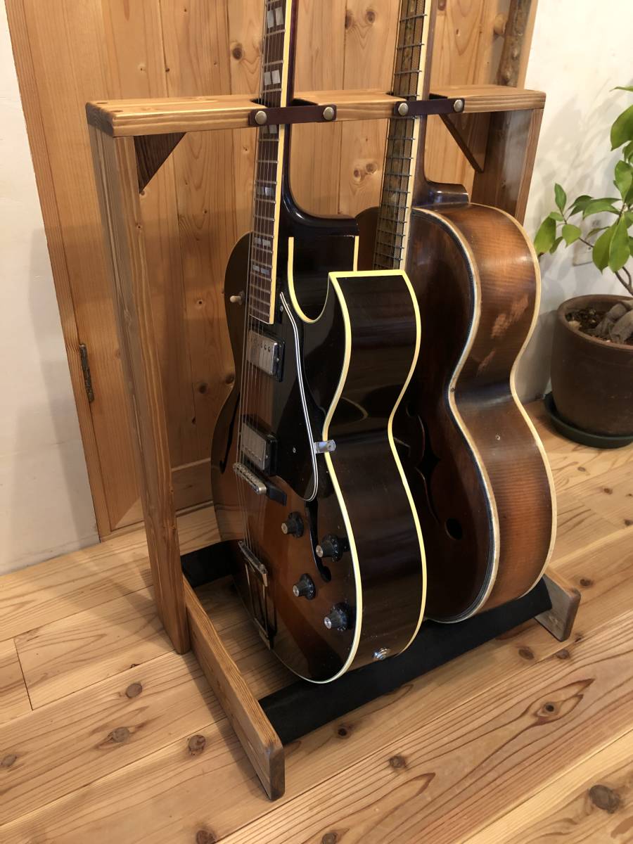 熊本県産 高級檜材 ウォルナットカラー ギタースタンド 4本掛け 本革