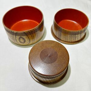 ☆美品☆木製 小物入れ 3点セット 収納できる 蓋付き 漆器 朱色 天然木 欅 工芸品 (11095E