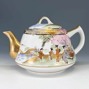 希少 オールドニッポン銘品 明治期 里帰り品 九谷焼 金彩 花見人物風景図 手描き ティーポット 急須 茶器 明治時代