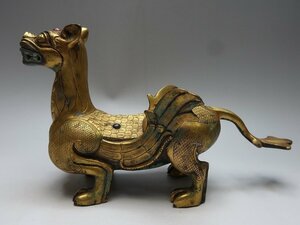 【集】101317掘出品　銅製流金瑞獣文彫刻置物　宝石象嵌　中国漢時代美術金工