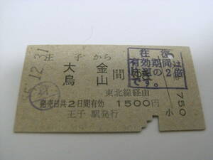 東北本線　王子から大金 烏山 間ゆき　東北線経由　昭和55年12月31日　王子駅発行　国鉄